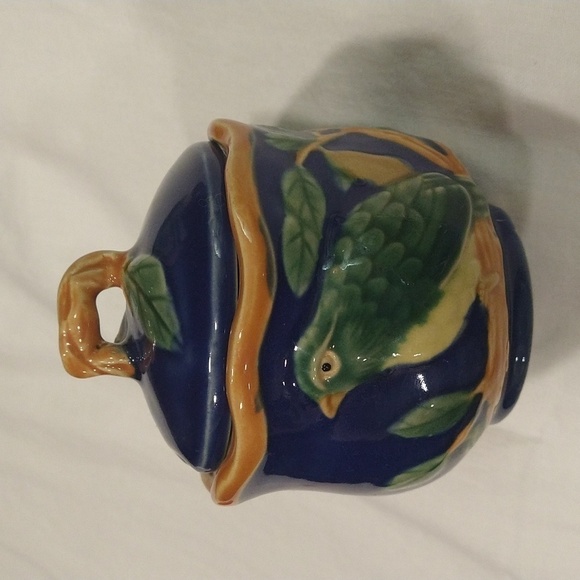 Henriksen Navy blue majolica jam sugar pot bird branches hand painted stoneware - Picture 1 of 8